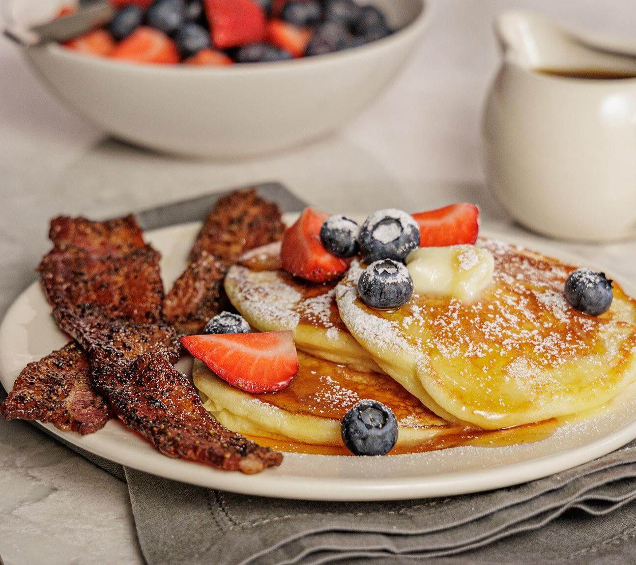 Billionaire’s Bacon with Ricotta Pancakes and Whiskey Maple Syrup