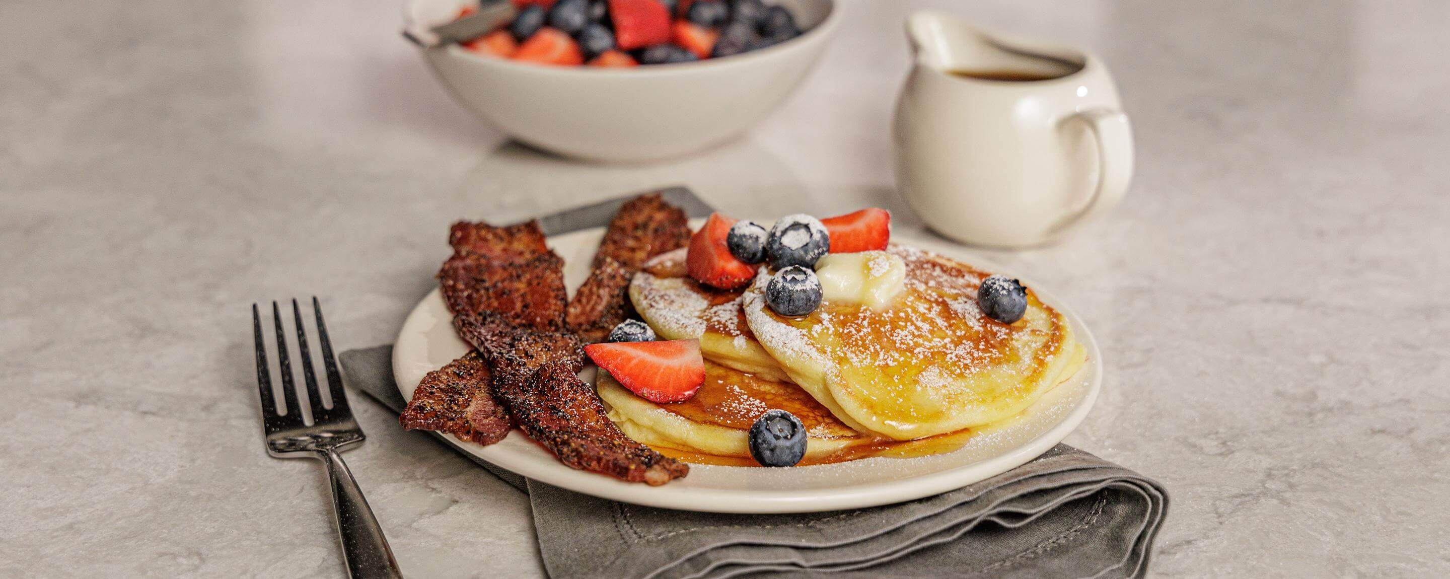 Billionaire’s Bacon with Ricotta Pancakes and Whiskey Maple Syrup