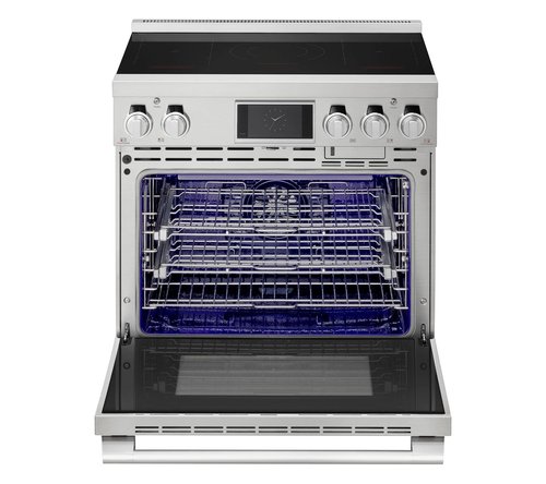 Induction range with oven open
